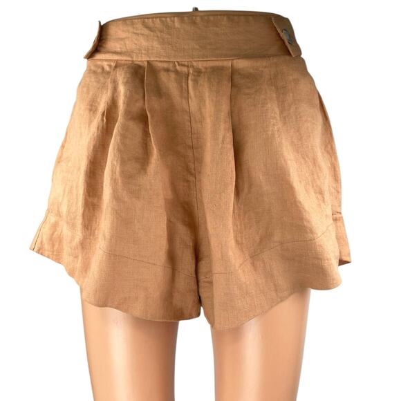 Free The Label Florence 100% Linen Brown Pleated High Waist Wide Leg Shorts XS - Picture 1 of 5
